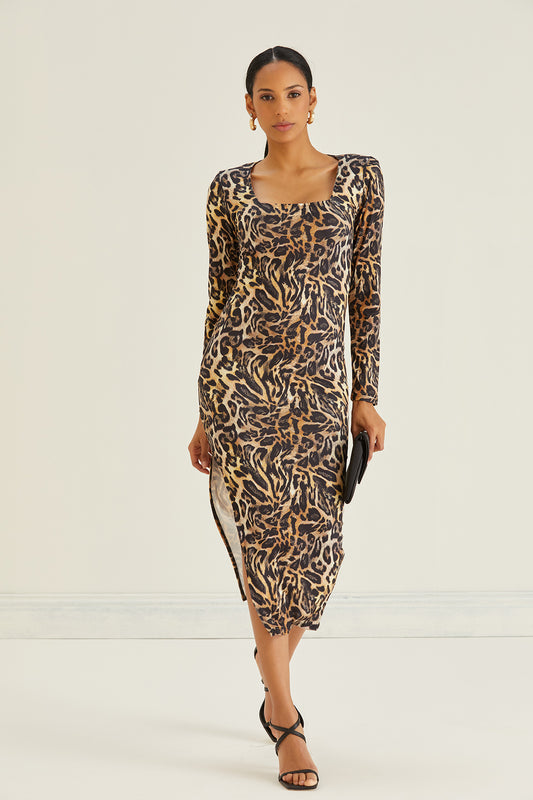 SQUARE NECK MIDI DRESS IN LEOPARD PRINT