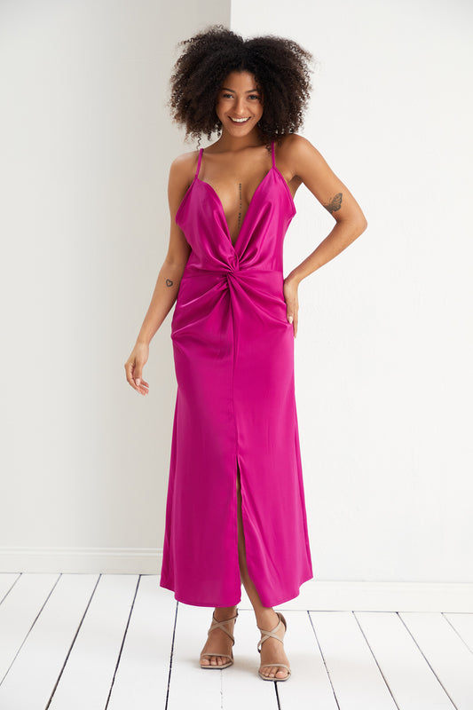 TWIST SATIN SLIP CAMI MIDI DRESS IN FUCHSIA