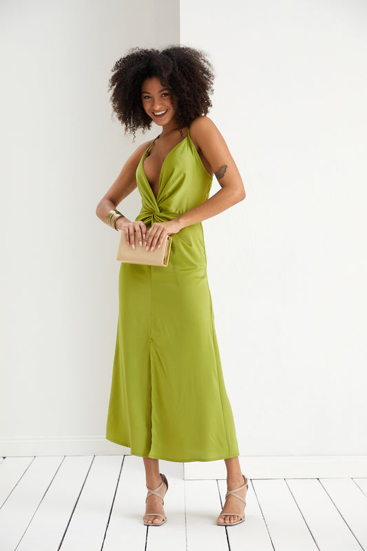 TWIST SATIN SLIP CAMI MIDI DRESS IN GREEN