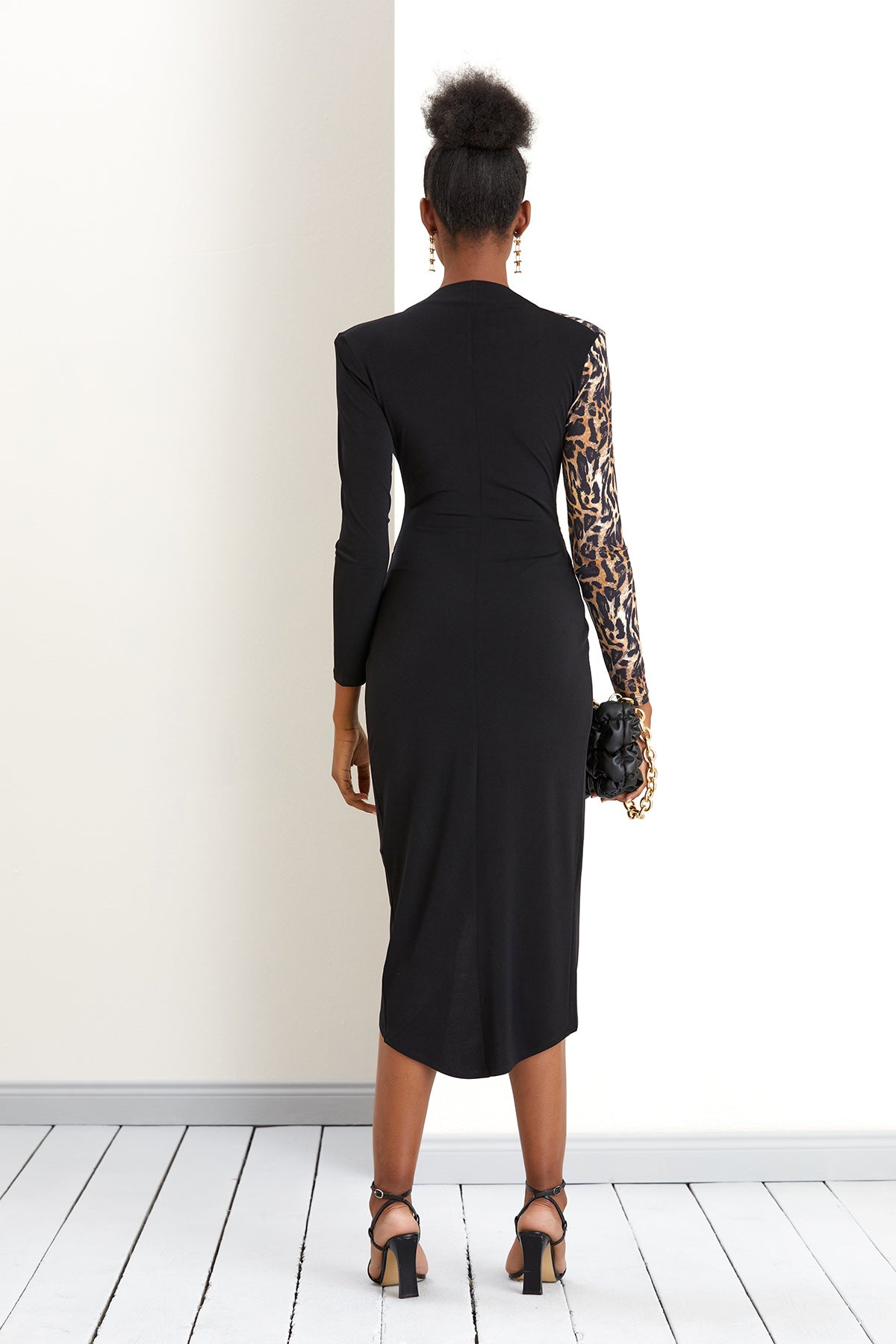 FOREVER WRAP MIDI DRESS WITH FRONT SLIT IN LEOPARD /BLACK BLOCK PRINT